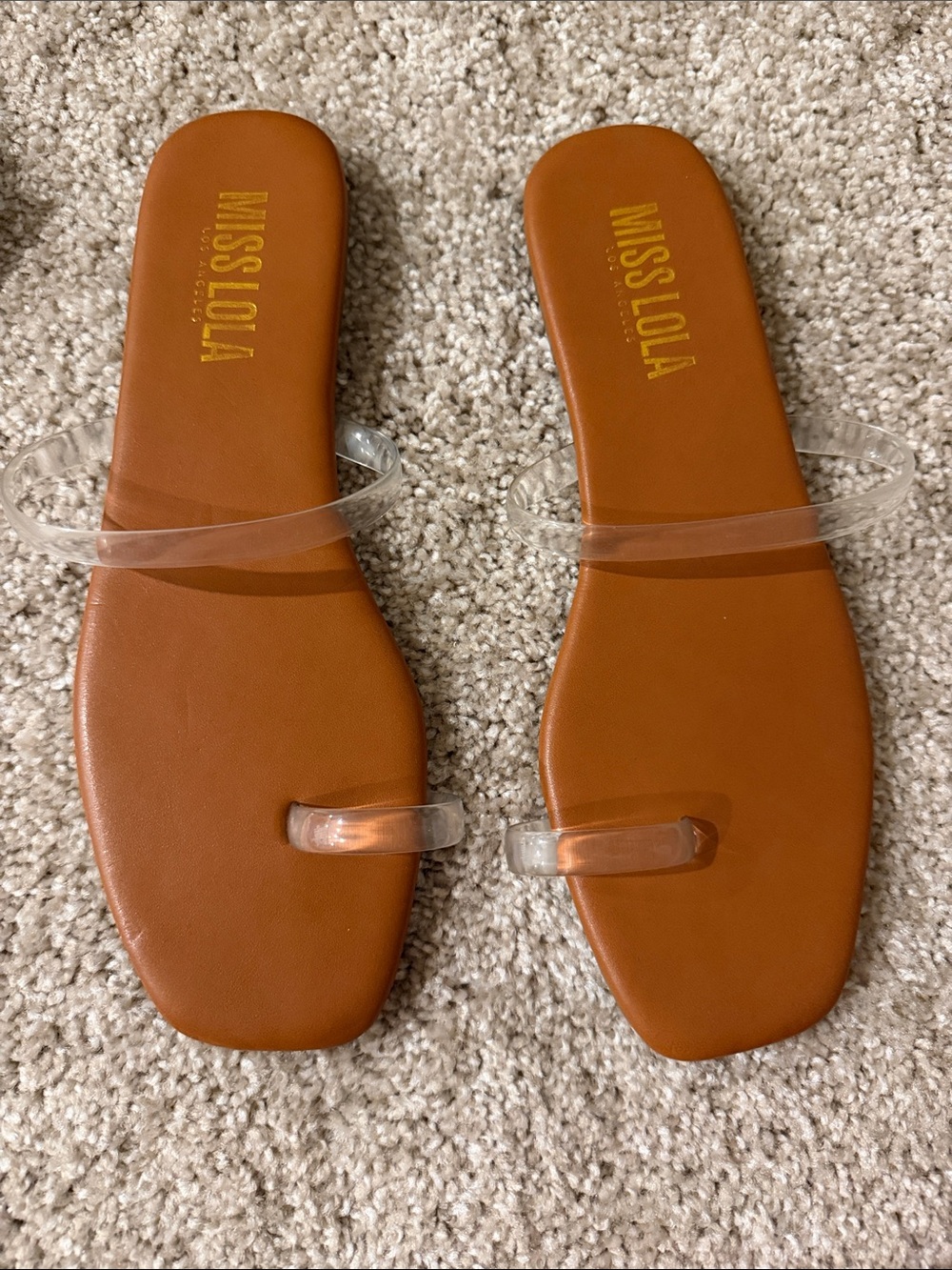 Miss Lola Tan Slide Sandals with Clear Straps